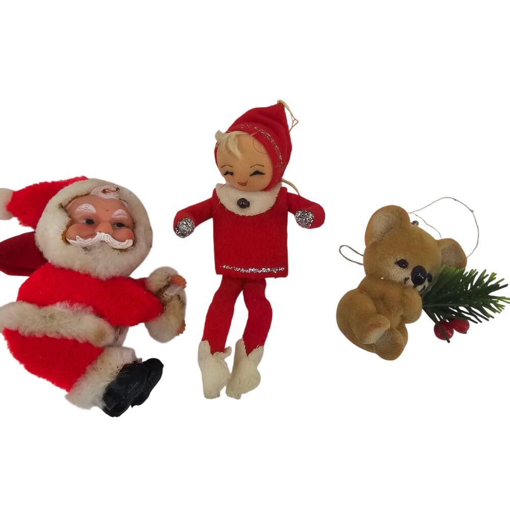 3 Vintage Christmas Ornaments - Clip Santa Felt Pixie Elf Flocked Koala Bear